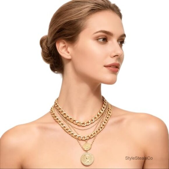 Layered Retro Coin Pendant Choker Necklace Adjustable Chain Zinc Alloy - Picture 3 of 7